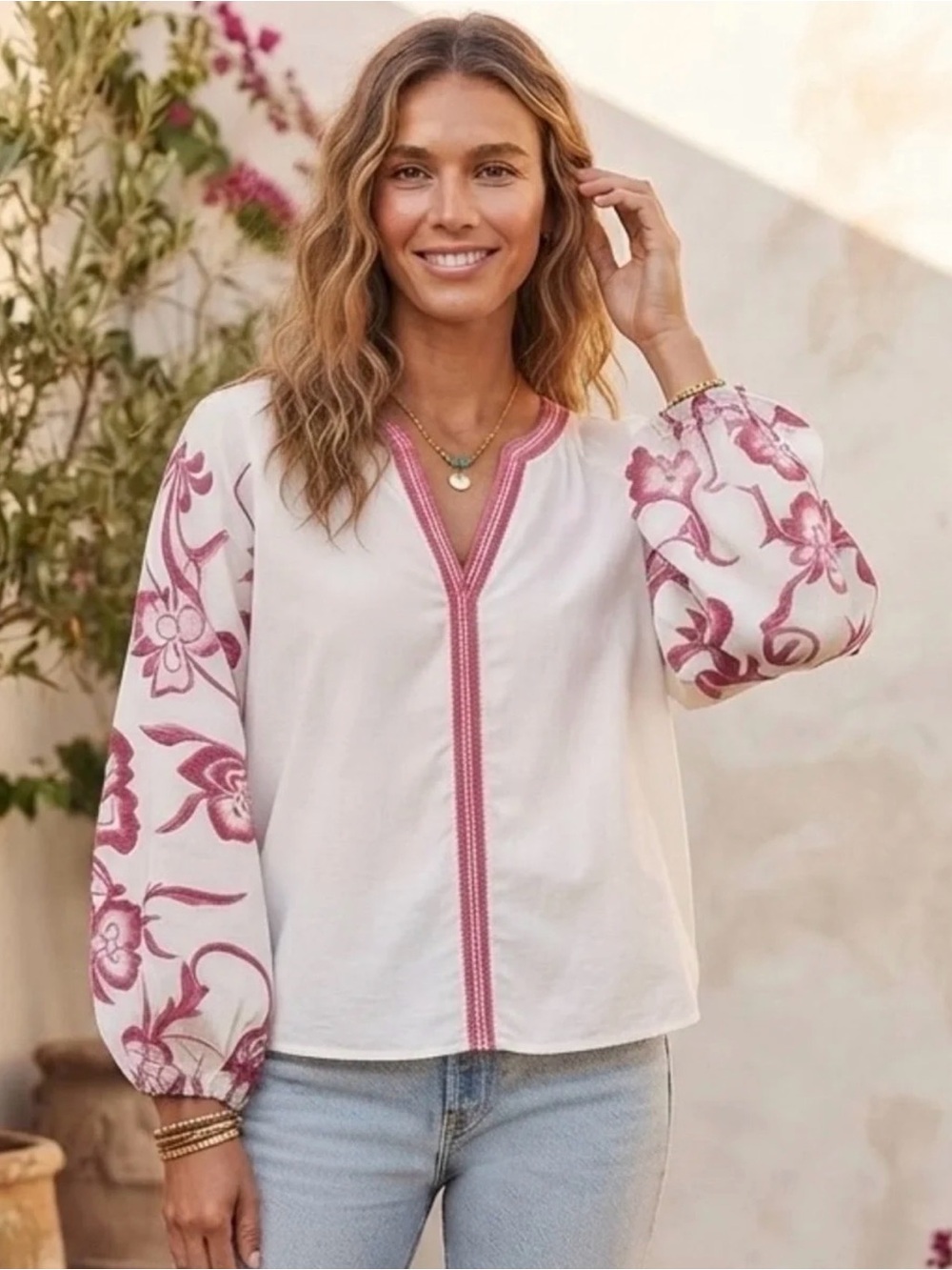 Calypso St Barth Peasant Blouse with Pink Floral Embroidery - L
